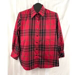 Foxcroft Button Up Long Sleeve Shirt Red Tartan Plaid Collared Sz 14